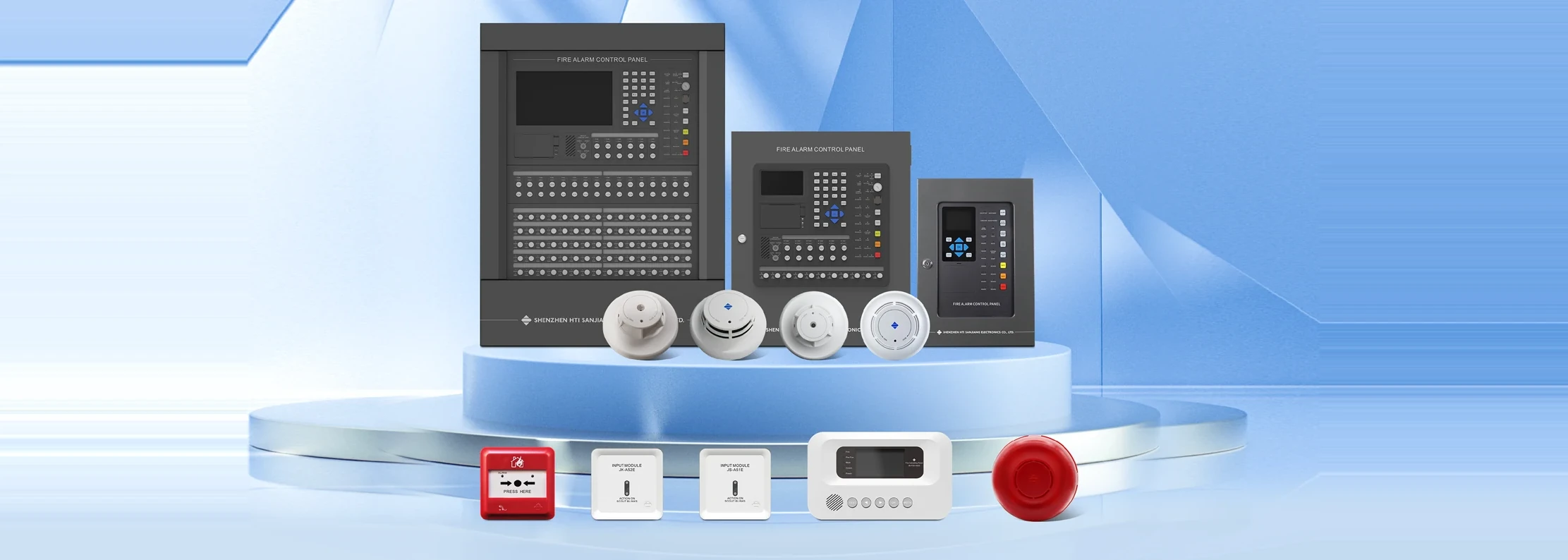 Centrais JB-QBL, detectores de fumaça e de temperatura, acionador manual, módulos, painel repetidor e sinalizador da linha CCC